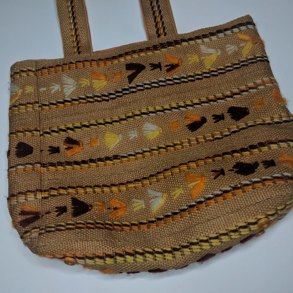 VINTAGE Handmade Boho Embroidered Burlap Tote - Picture 2 of 11